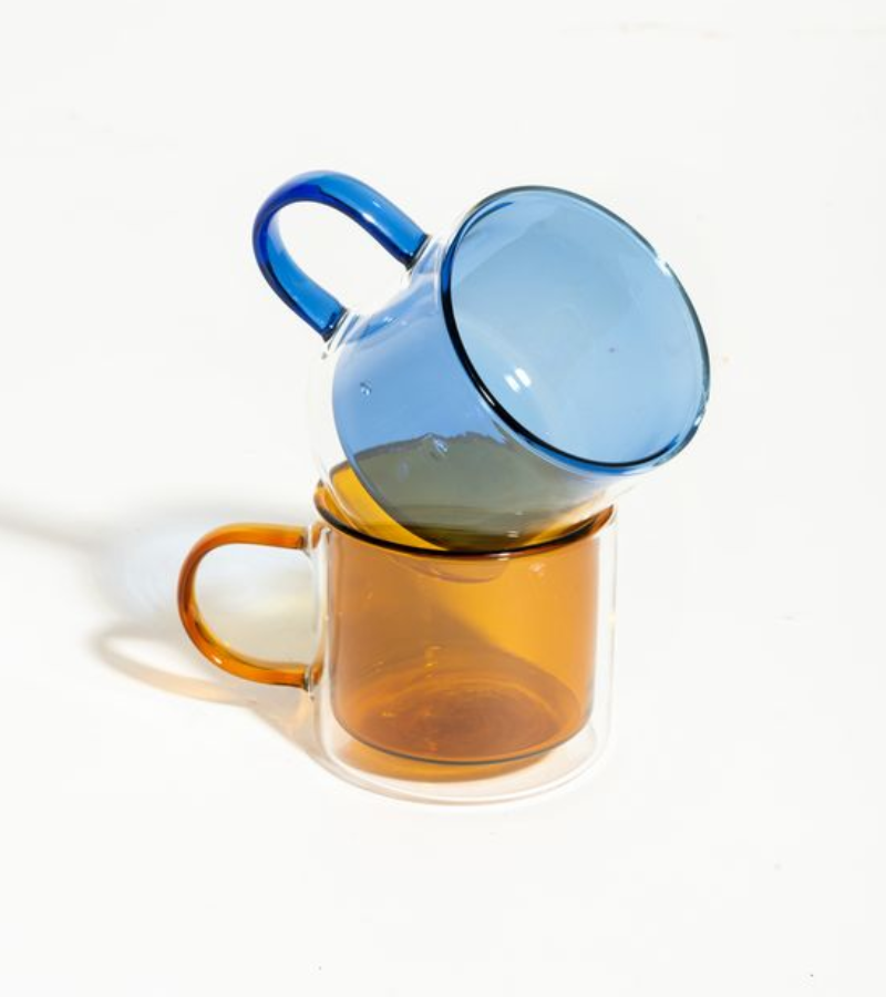 Pair-a-tea blue-amber borosilicate double-walled cup set